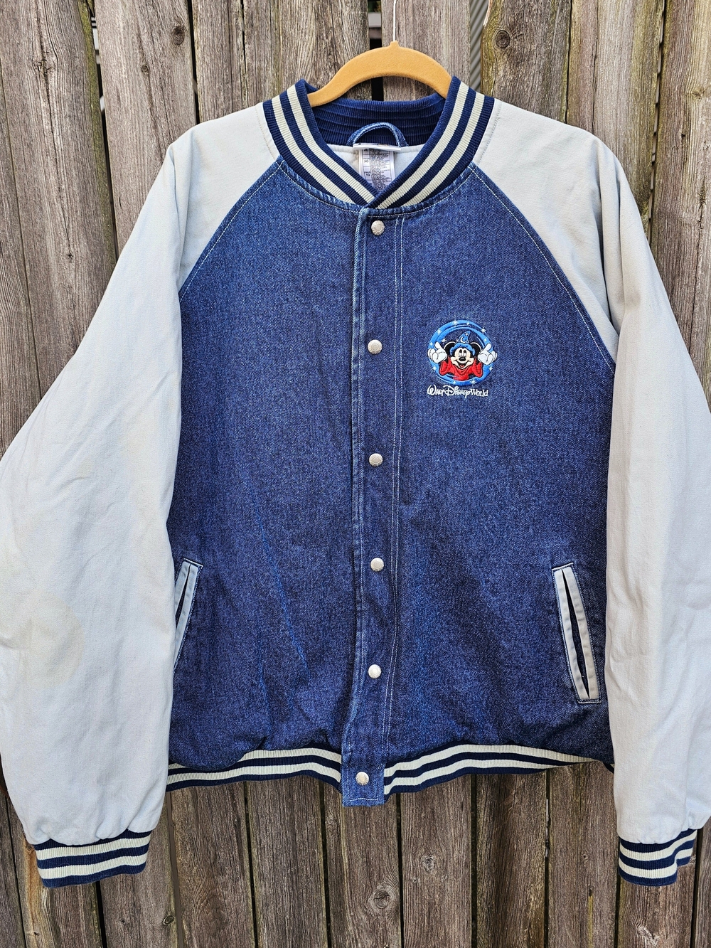 Disney Two-Tone Blue Denim Varsity Jacket with Light Gray Sleeves